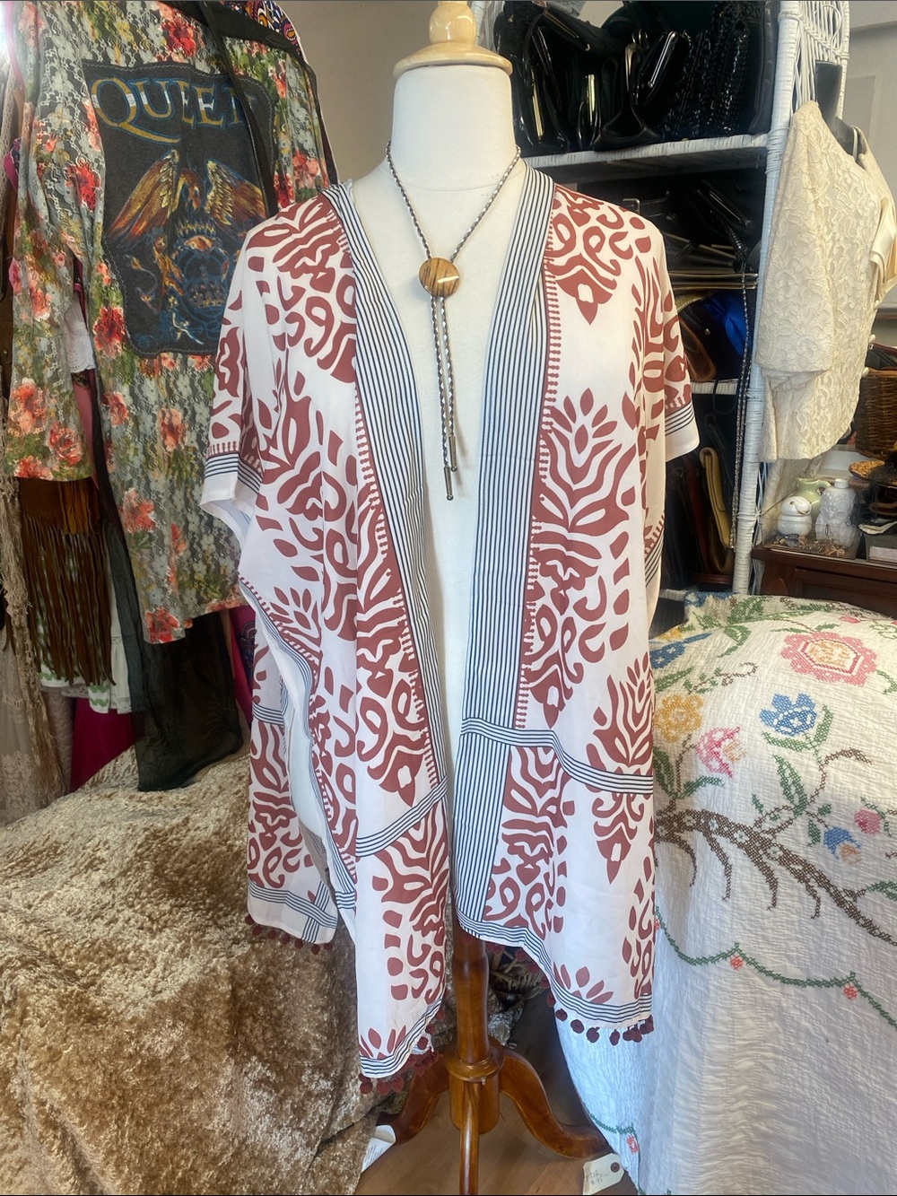 Flowy White and Terracotta Patterned Kimono Cardigan